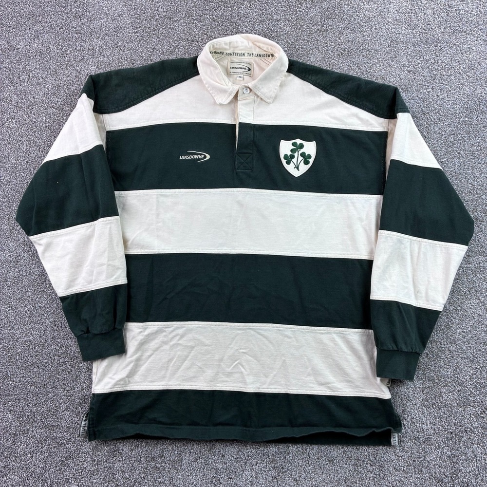 Vintage Lansdowne Ireland Rugby Shirt Mens 2XL Green Stripe Shamrock Crest